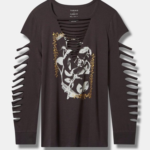 Torrid Shirt 1X - Black Slashed Punk Roses Classic Long Sleeve Tee Plus Top New - Picture 1 of 4